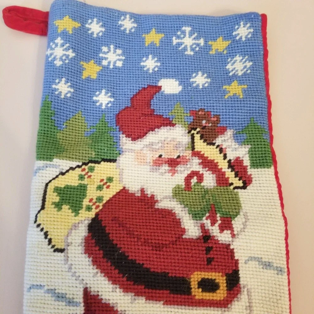 Needlepoint Christmas Stocking Santa Winter Snow Gifts Holiday‎ Decor Retro